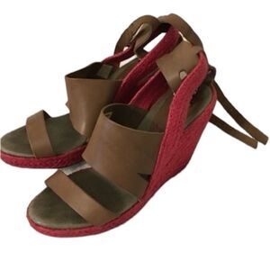 Rare Diesel Alma Leather Open Toe Wedge Espadrille Straps Sandal Brown Red 7.5